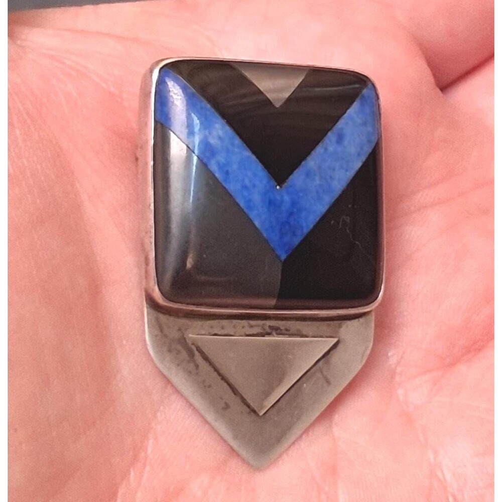 Art Deco Sterling Inlaid Onyx Lapis Brooch Great Falls Metal Works